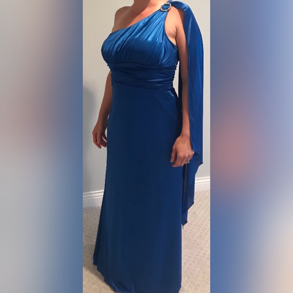 B. Darlin Blue Roman Goddess One-Shoulder Gown